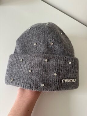 Miu Miu Gray Crystal-Studded Knit Beanie
